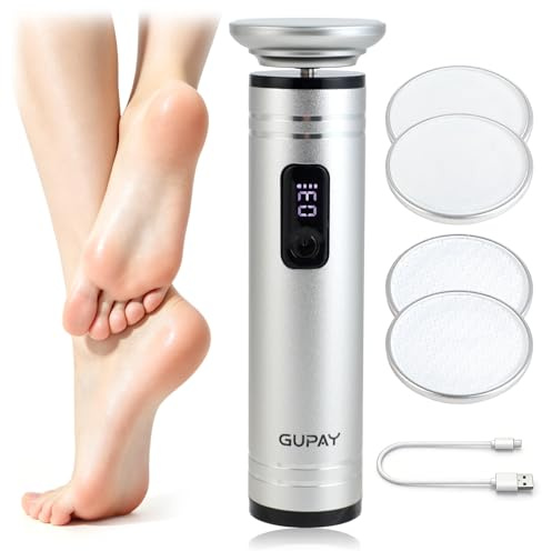 GUPAY Elektrischer Hornhautentferner für Füße – Professionelle Fußfeile mit 4 Nano-Glas Walzen & LED-Display, 3 Geschwindigkeitsstufen, USB-C Wiederaufladbar, Leises Aluminium-Pediküre-Set