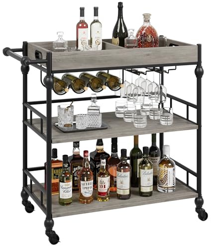 Aptliton Drinks Trolley,3 Tier Serving Trolley on Wheels, Rolling Bar Cart with Wine Rack & Glass Holder, Industrial Drinks Trolley with Lockable Castors for Kitchen, Dining Room, Living Room, Grey