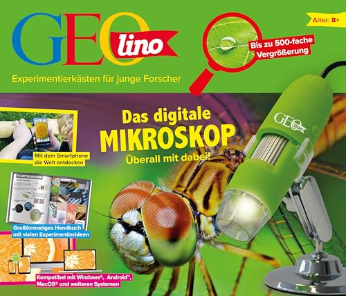 FRANZIS 67069 - GEOlino Das digitale Mikroskop - überall mit dabei, bis zu 500-fache Vergrößerung, Experimentierkasten für junge Forscher ab 8 Jahren