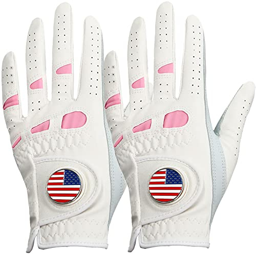 Amy Sport Women's Golf Gloves Left Hand Right with Ball Marker Value 2 Pack, All Weather Grip Rain Soft Leather Pink Size Small Medium Large XL (2 Pack-Worn on Left Hand, Small)