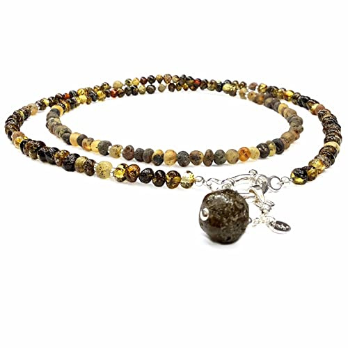 Bernsteinkette lang 80cm baltischer Bernstein Farbe Slag, Sterling Silber 925 Perlen und dekor Elemente, Halskette lang Silber 925 Bernstein, Collier Bernstein, Gr. 80, handgearbeitet