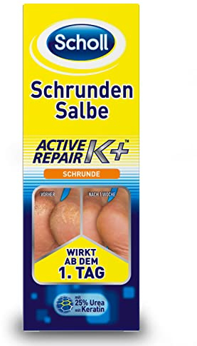 Scholl Schrundensalbe Active Repair K+ Fußcreme, 25 ml, für Trockene, Rissige Fersen, Regeneriert Geschädigte Haut, Intensivpflege mit 25% Urea & Keratin, Parfümfrei, Fußpflege für Schöne Füße