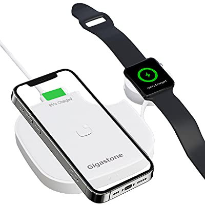 Gigastone Caricatore Wireless 2 in 1 Stazione di Ricarica, Veloce Qi Rapida Caricatore a Induzione Compatibile con iPhone, Apple Watch, AirPods, Samsung Galaxy/Note, Google Pixel, LG