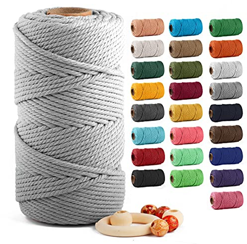 Macrame Cotton Cord 5mm x 109 Yards, ZUEXT 100% Natural Handmade Colorful 4 Strands Twisted Braided Cotton Rope for Wall Hanging Plant Hangers Gift Wrapping Tapestry DIY Crafts(100m, Light Grey)