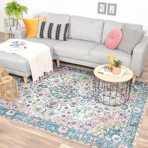 FRAAI | Home & Living Teppich Vintage - Lily Oriental Blau Rosa - Baumwolle - Flachgewebe - Vintage - Wohnzimmer, Esszimmer, Schlafzimmer - Carpet