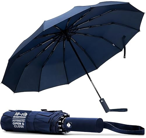 TANNESS Windproof Umbrella – 10-Rib Waterproof & Compact with Automatic Open/Close Function and Ergonomic Handle – Folding Mini - Strong for Wind and Rain (Blue)