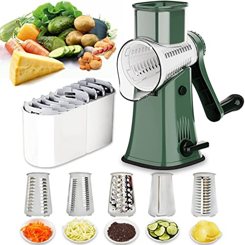 Râpe à fromage rotative manuelle - 5 lames interchangeables - Mandoline ronde - Trancheuse de légumes - Tambour râpeur - Hachoir à noix avec base à ventouse puissante