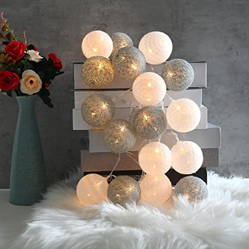 Hileyu Luci della Stringa LED Luci della Stringa Sfera di Cotone alimentata a Batteria Luci della Stringa LED Palline di Lana 3m Luci per Feste di Compleanno di Natale all'aperto per Interni Grey