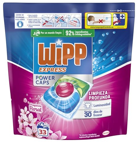 Wipp Express Power Caps Detergente Floral en Cápsulas para Lavadora, 33 Dosis, Limpieza Profunda, Eficaz en Agua Fría