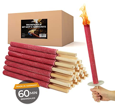 Bolson Wachsfackeln 60 Min (50 Stück) Gartenfackel aus Wachs mit Handschutz & Griff für Kinder & Erwachsene - in Deutschland hergestellte Fackel für Draußen - ideal f. Fackelwanderung, Garten, Outdoor