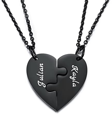 MunkiMix Personalisierte Halskette für Männer/Frauen, Paar-/Freundschaftskette für 2/3/4/5 Teile, Schwarz/Silber Herz-Puzzle-Teile-Halsketten-Sets, Name/Text-Gravur Edelstahl-Halskette (2 Stück)
