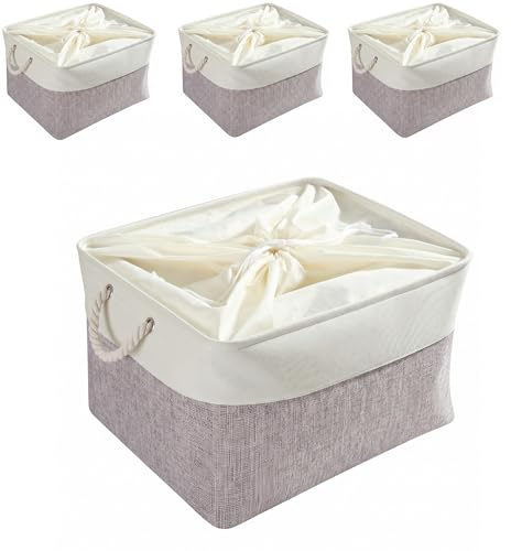 Mangata aufbewahrungskorb Stoff 4er Set, aufbewahrungsbox groß Schrank, Korb aufbewahrung Stoff mit Seil für Spielzeug, kleiderschrank, Regale, Kleidung (Faltbare,XXL, Grau Weiß)