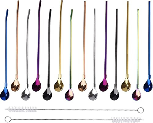 BetterJonny 14Pcs Stainless Steel 2 in 1 Reusable Straws and Spoons with 2 Cleaning Brushes - 7 Colors