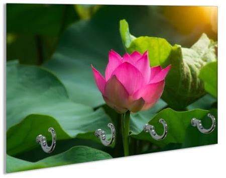 Wallario Schlüsselbrett aus Glas 30 x 20 cm, Wand Schlüsselhalter mit 4 Haken, Motiv: Pinke Lotosblüte im Sonnenschein