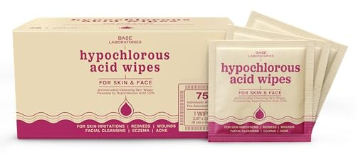 Base Labs Hypochlorous Acid Wipes | Hypochlorous Infused Wound Cleaning Wipes for Skin & Face | Cleanses, Sanitizes & Soothes Skin Irritations, Fresh Piercings, Acne & Eczema | 75 units