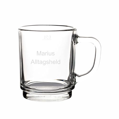 LUXENTU Glastasse mit Gravur, Namensgravur, 250 ml, 30 Stück | Personalisierter Glasbecher für Kaffee, Tee zum Geburtstag oder Wichtelgeschenkidee, geeicht 0,2 l, spülmaschinenfest