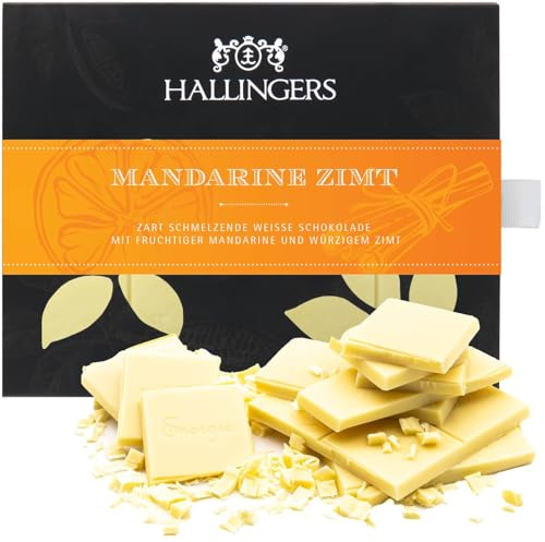 Hallingers Genuss Manufaktur Weiße Schokolade Geschenk - Tafel aus handgeschöpftem Edelkakao ohne Alkohol edler Karton Mandarine-Zimt Mandarine-Zimt, Geschenkidee für Frauen Männer