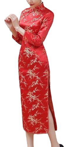 SHINROAD Robe traditionnelle chinoise Qipao à manches longues pour femme - Coupe ajustée - Style classique vintage - Imprimé floral - Col montant - Manches longues - Fente latérale - Longueur
