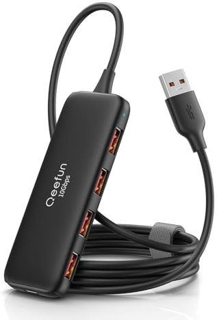 Qeefun 10Gbps USB Hub, USB 3.2 Hub mit 4 USB A Ports, USB 3.2 Gen 2 Splitter, 120cm Extended Long Data Cable und Type-C Power Port, für Dell XPS, Thinkpad, HP und mehr