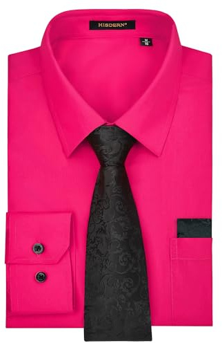 HISDERN Chemise Rose Homme Manches Longues avec Cravate Regular Chemises Élégante Mariage Habillée Chemise avec Poche XL