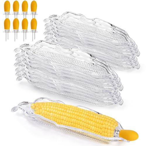 Eorbow 18 Pcs Corn Dish Set, Clear Plastic Corn Tray with 8 Corn Cob Holders, Transparent Corn on The Cob Dinnerware Set, Barbecue Service Tray with Stainless Steel Skewer Needle for Sweet Butter Corn