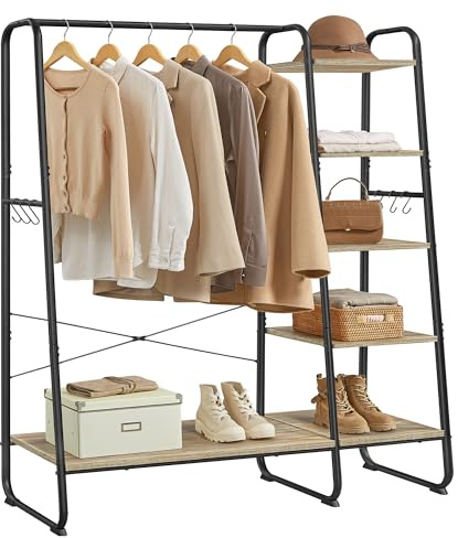 VASAGLE Stand Appendiabiti, Appendiabiti da Terra con Scarpiera, 5 Ripiani Portaoggetti, 6 Ganci Laterali, Camera da Letto, Soggiorno, Corridoio, Industriale, Marrone Turchese e Nero Opaco RGR116K01