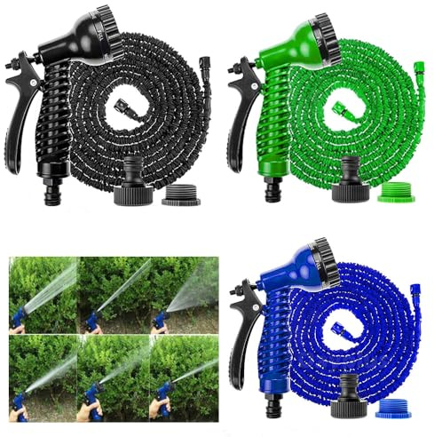 Garden Hose Pipe 100FT Expandable Water Hose Flexible Expanding Magic Hose with 3/4, 1/2 Fittings, Multi-Function Spray Gun with 7 Spray Modes, Indoor & Outdoor Use - Blue