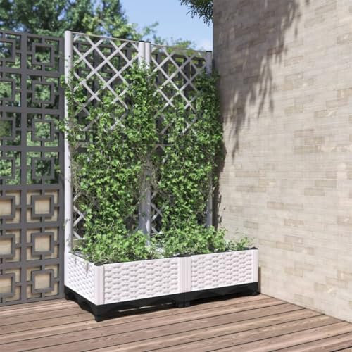 Homgoday Jardinière de jardin avec treillis, panneau de pot de fleurs grimpantes pour terrasse, cour, entrée extérieure, balcon, parterre surélevé, jardinière blanche, 80 x 40 x 121,5 cm en
