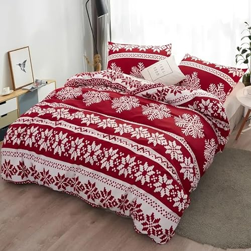 BAIL Bettbezüge 135x200 Schneeflocke Bettwaesche Rot Bettbezug Mikrofaser 3teilig Bettwäsche Weich Atmungsaktiv und 2 Kissenbezüge 80x80 cm mit Reißverschluss