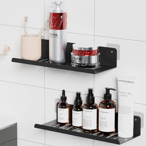 Wisfame Badezimmer Regal Ohne Bohren, 30CM Lang, Duschablage Schwarz 2 Stück Duschregal Edelstahl Badablage für Shampoo, Badregal Ohne Bohren Bad Ablage zum Klebend