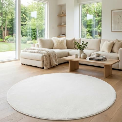 Jimri Flauschiger Teppich Läufer - Hochwertiger Kurzflor für Zuhause, Büro, Küche, Eingang, Flur, Wohnzimmer - Maschinenwaschbar - Rutschfester Teppich Waschbar - 120 cm Rund - Cream_Weiß