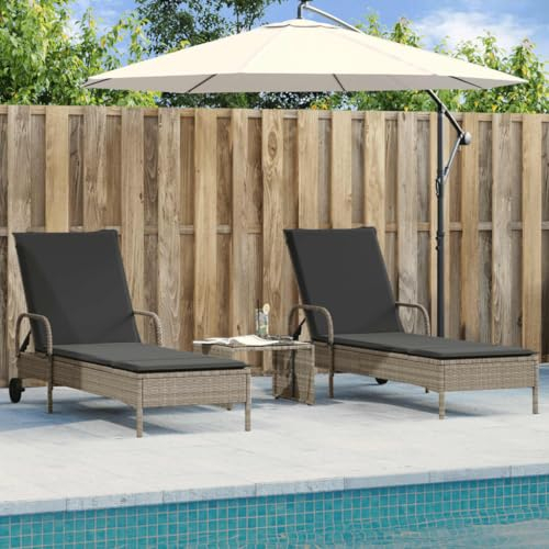 Homgoday Sonnenliegen mit Auflagen 2 STK. Gartenliege mit 3-Fach Verstellbare Rückenlehne Gartenmöbel Relaxliege Gartenmöbel Liege Liegestuhl Strandliege Hellgrau Poly Rattan