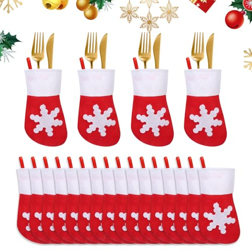 Figarge 20 Stück Weihnachten Tischdeko Abendessen Deko Socken, Weihnachten Tischdekoration Schneeflocke Socken Weihnachten Besteckhalter Taschen für Weihnachtsfeier Tischdekoration
