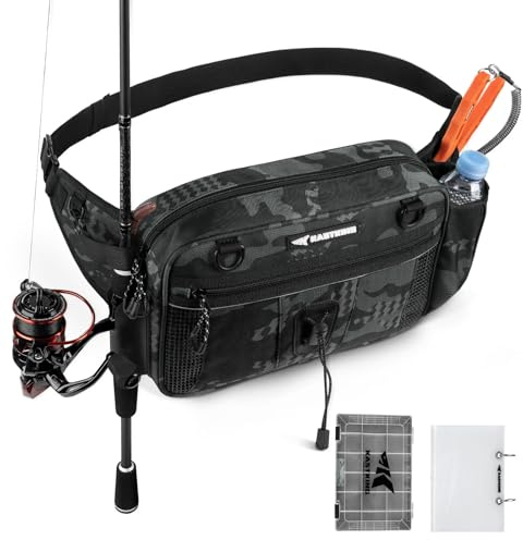 KastKing BaitSpace Waist Bag – Waterproof Tackle Storage Bag With Adjustable Belt, Fishing Fanny Pack for Men, Soft Bait Organizer, 3600 Utility Box, Rod Holder, Nylon, Black Camo