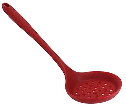 Cucchiaio Forato in Silicone Alimentare Grande Capacità Rosso | Zuppa e Pentola Calda, Impugnatura Lunga Antiruggine, Uso Domestico o Caffetteria, Stile Pratico
