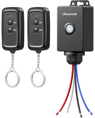 DEWENWILS Interruttore radio esterno con telecomando, 230 V, 3000 W, senza fili, IP65, controllo radio con 2 trasmettitori, portata 30 m, nessun cablaggio necessario, batteria inclusa, colore nero