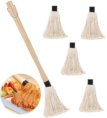 Pinceaux pour Barbecue, 46 cm Brosses de Barbecue Sauce, Cuisine Badigeonner Serpillière à Manche Long en Bois avec 4 têtes de Rechange supplémentaires, BBQ MOP pour Cuisson Marinades