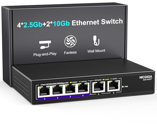 10Gbe Ethernet Switch non gestito con 2 porte 10Gb RJ45 ➕ 4 porte 2.5Gb Base-T, montaggio su tavolo/parete Switch di rete NICGIGA 6 porte da 10Gbps per AP wireless, NAS, PC