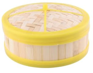 TOPBATHY 1 Set Bamboo Steamer Basket with Lid 20cm Single Tier Yellow Rim Suitable for Stuffed Buns Dumplings Vegetable Rice Fish Practical Kitchenware