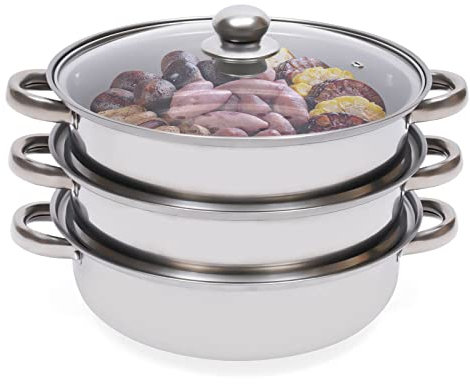 SZPLLZY Vaporiera in Acciaio Inox a 3 Livelli con Coperchio in Vetro temperato Vaporiera per induzione Pentole per Cottura a Vapore Hhob per Gas, Elettrico, induzione