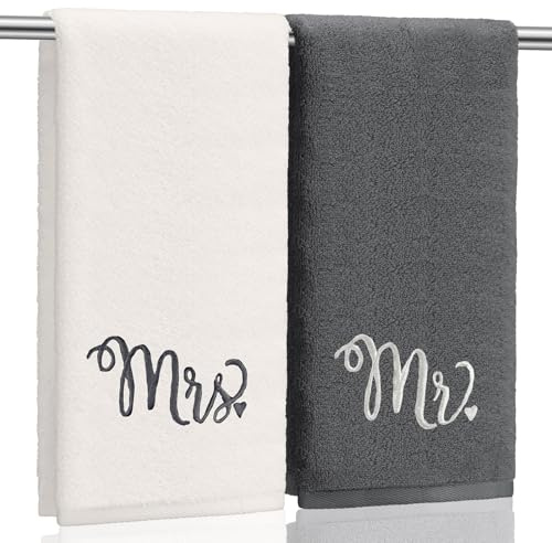 Tingjoo Mr. and Mrs. Handtücher, 100% Baumwolle, Bestickt, für Ehepaare, Hochzeitstag, Badezimmer-Dekoration, 73,7 x 7,6 cm, Dunkelgrau, Beige, 2 Stück