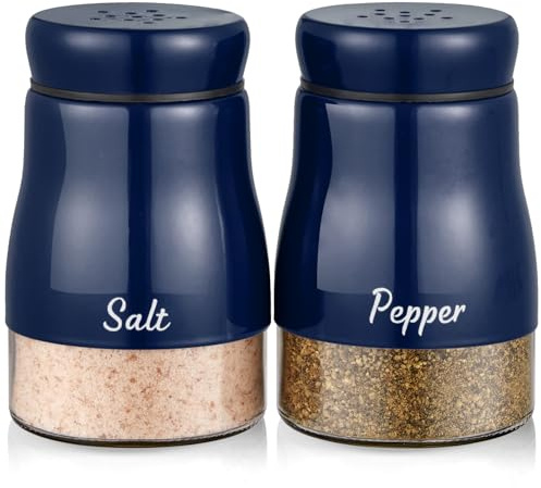 Navy Blue Salt and Pepper Shakers Set, Bivvclaz 5 Ounce Salt and Pepper Dispenser with Glass Bottom, Cute Salt and Pepper Shakers for Blue Kitchen Decor and Accessories