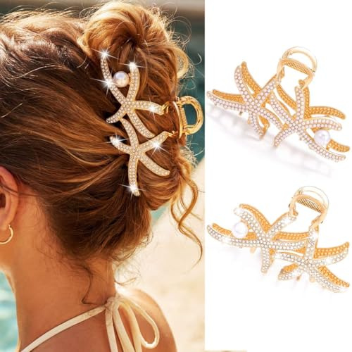 Zoestar Seestern-Haarklammern Gold Perlen-Haarklammer Klaue Große Metall-Haarklammern Strass-Haarschmuck für Damen und Mädchen (2er-Pack)