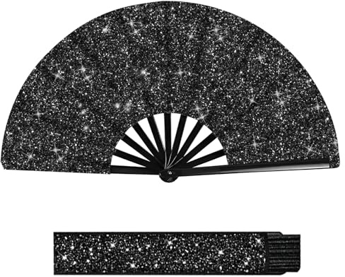 HINGTAI Glitter Plastic Bone Black Fan with Strap, Large Fans for Line Dancing, Scientific Size for Both Men and Women, Suitable for Music Festivals Dance Parties Clubs and Any Other Lively Places