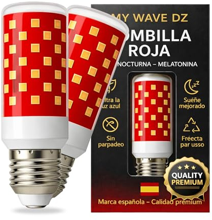 MY WAVE DZ Pack 2 Luz Roja para Dormir E27 – Bombillas LED Rojas Nocturnas Sin Luz Azul – Luz Roja Noche para Descanso, Relajación y Ambiente – Compatible con Melatonina