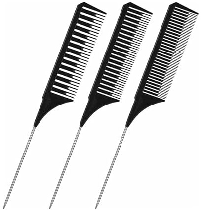 Ycnpeatt Highlighting Comb 3 Sizes Professional Highlighting Rat Tail Combs Set - Black Stainless Steel Weaving & Coloring Tools for Salon & Home Hairstyling (Wide/Medium/Fine Teeth) Versatile