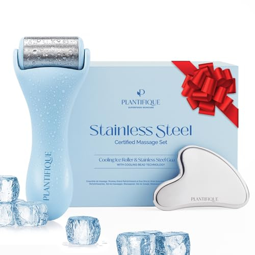 PLANTIFIQUE Facial Ice Roller and Stainless Steel Gua Sha Set - Cryotherapy Skin Care Massage Tools - Metal Massager Set for Puffy Face, Under Eyes and Body