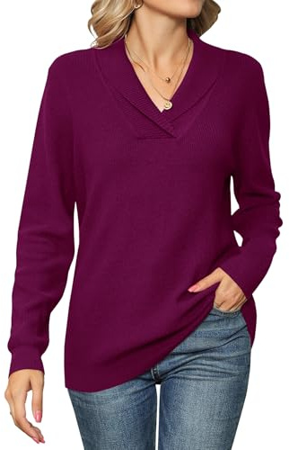 IECCP Ladies Jumpers V Neck Long Sleeve Soft Knit Sweater Fuchsia