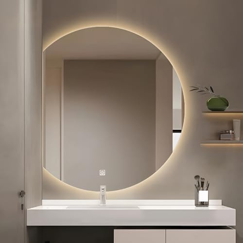 WZWZEN Specchio da Bagno A LED Semicircolare da 50/60/70 cm, Senza Cornice, da Parete, con Retroilluminazione Specchio Trucco, Luce Dimmerabile A 3 Colori(50 * 50cm/19.7 * 19.7in)