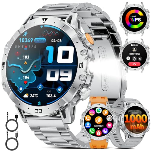 SUNKTA Smartwatch Herren mit 1000mAh Großer Akku/1.7'' HD Display/Telefonfunktion/LED/Wasserdicht Militär Fitness Tracker 24H Herzfrequenz/Schlafmonitor/110 Sportmodi Sportuhr für Android/iOS,Silber